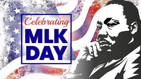 Celebrating MLK Day. Profile of Marting Luther King Jr. in front of the U.S. flag.