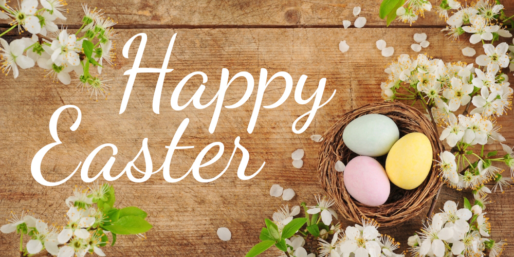 Happy Easter. A nest with three colorful eggs surrounded by small flowers.